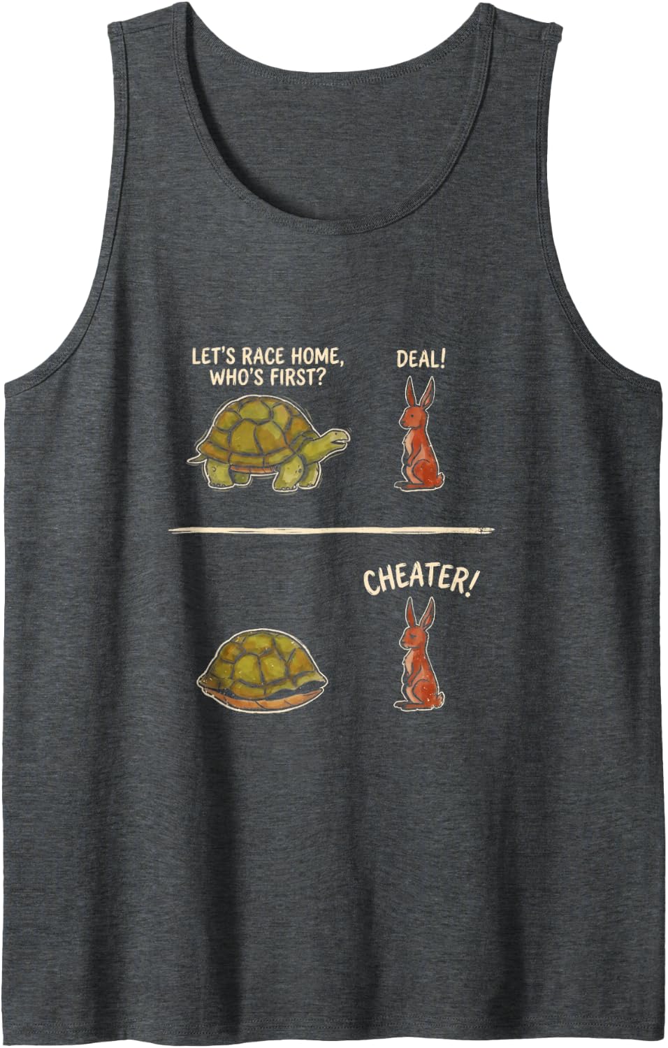 Tortoise and Hare Funny Turtle Rabbit Race Cheater Cartoon Sleeveless Tank Top - Dark Heather Grey