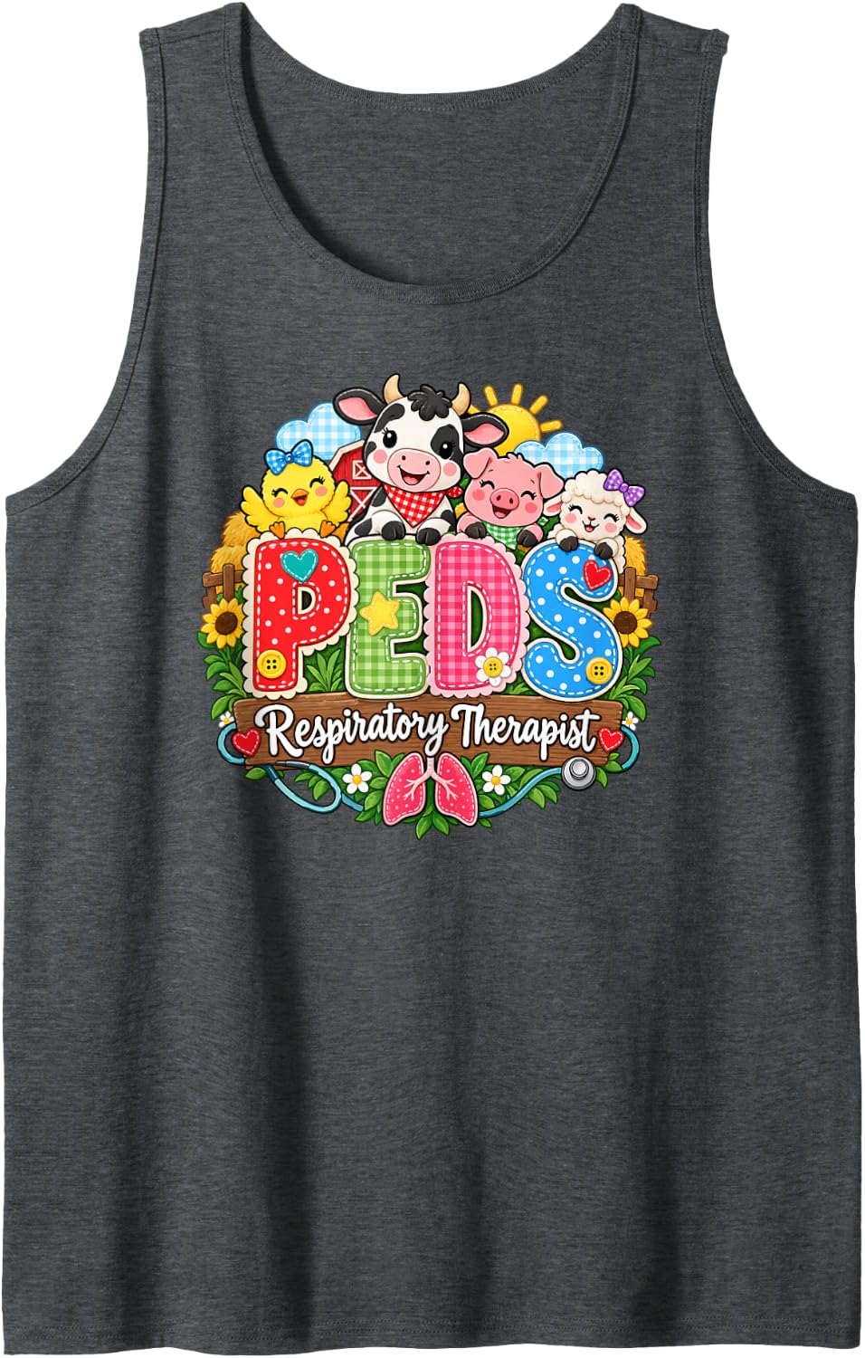 Cute PEDS Respiratory Therapist Farm Animals Kids Lung Care Sleeveless Tank Top - Dark Heather Grey