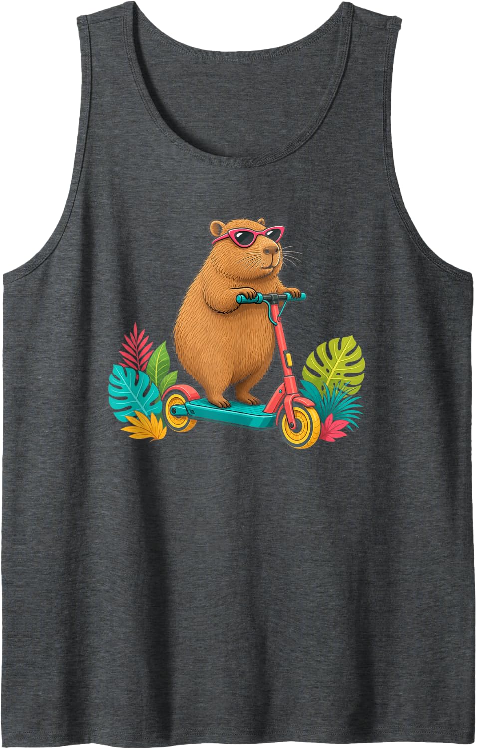 Capybara Riding Electric Scooter with Tropical Sunglasses Sleeveless Tank Top - Dark Heather Grey