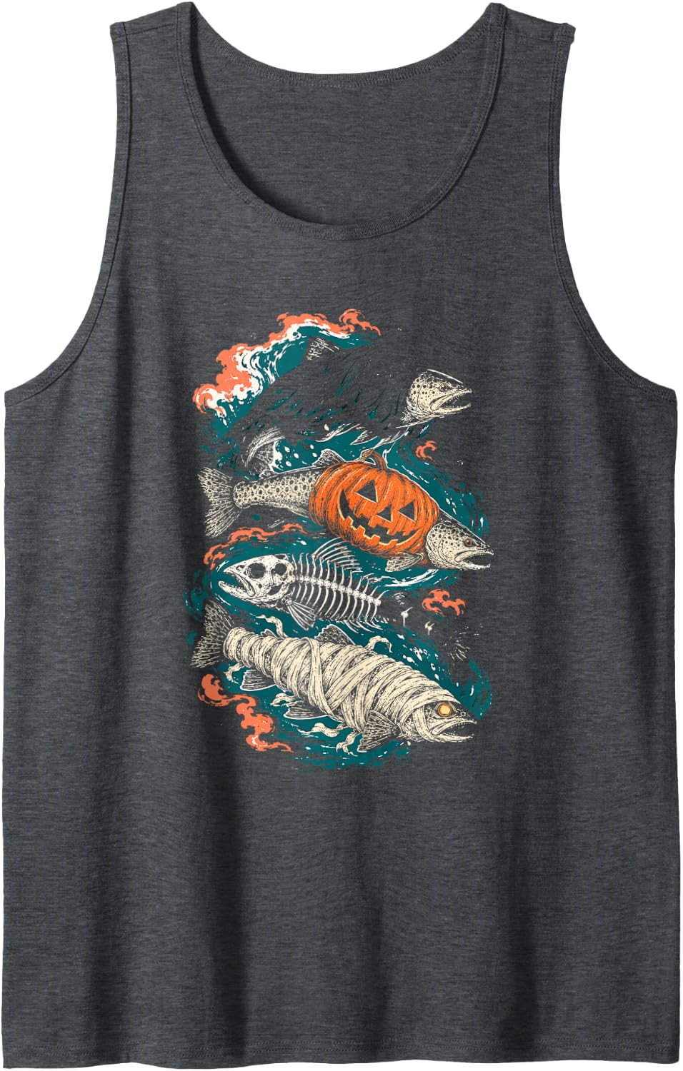 Halloween Trout Fish Ghost Pumpkin Skeleton Mummy Sleeveless Tank Top - Dark Heather Grey
