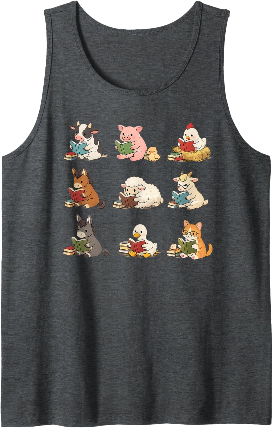 Cute Farm Animals Reading Books Book Lover Sleeveless Tank Top - Dark Heather Grey