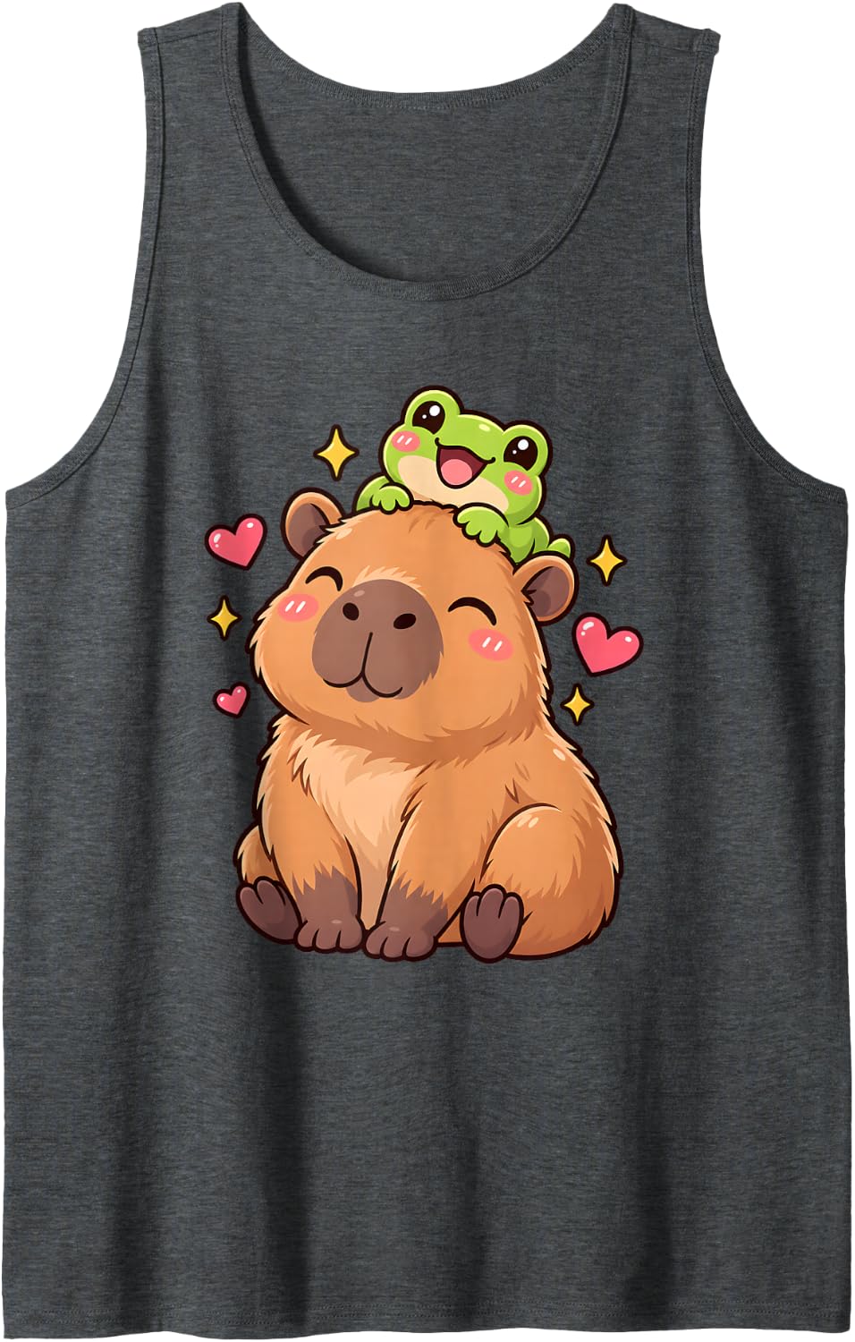 Cute Capybara and Frog Kawaii Animal Graphic Anime Sleeveless Tank Top - Dark Heather Grey