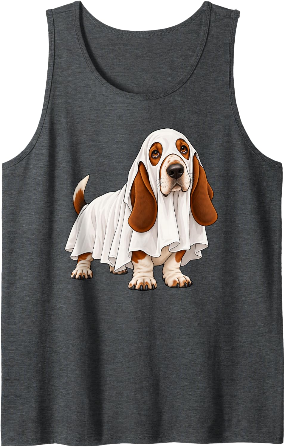 Basset Hound Dog Ghost Halloween Sleeveless Tank Top - Dark Heather Grey