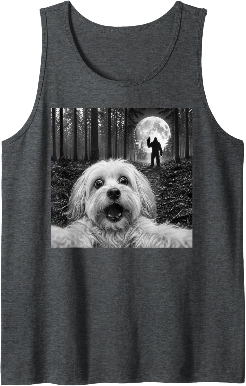 Havanese Selfie with Bigfoot Peace Sign Dog Sasquatch Sleeveless Tank Top - Dark Heather Grey