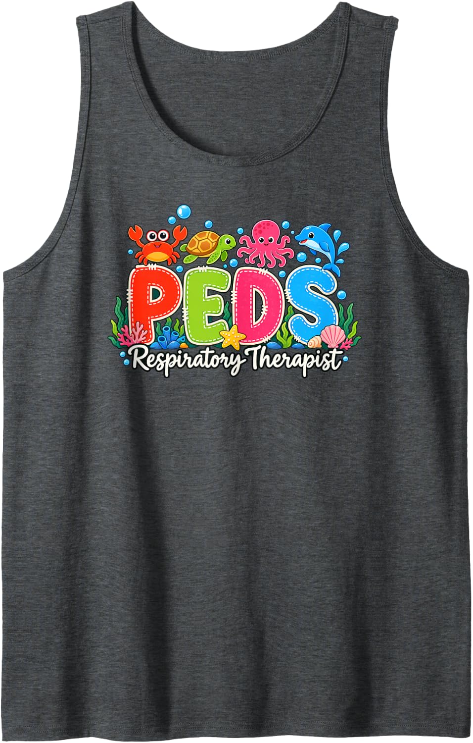 Cute PEDS Respiratory Therapist Ocean Animals Healthcare Sleeveless Tank Top - Dark Heather Grey