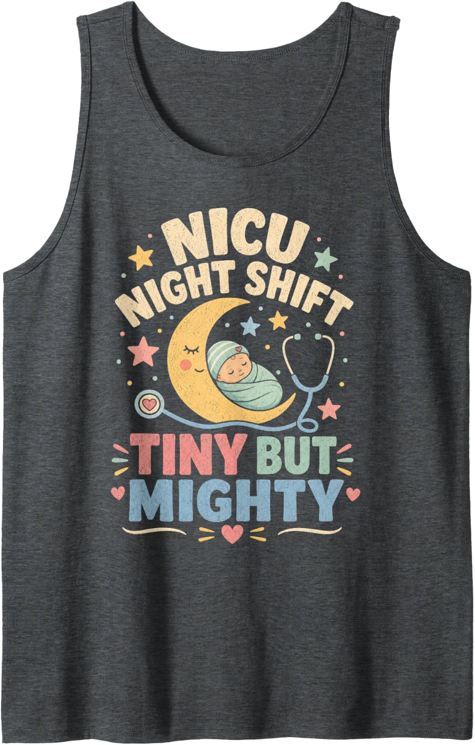 NICU Night Nurse Shift Tiny But Mighty Design Tank Top - Dark Heather Grey