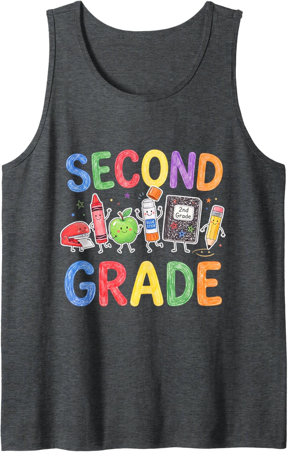 Cute Second Grade Teacher Preppy Back to School Crayon Tank Top - Dark Heather Grey