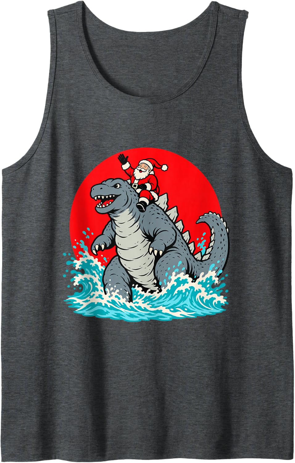 Christmas Santa Riding Dinosaur Japanese for Men Women Sleeveless Tank Top - Dark Heather Grey