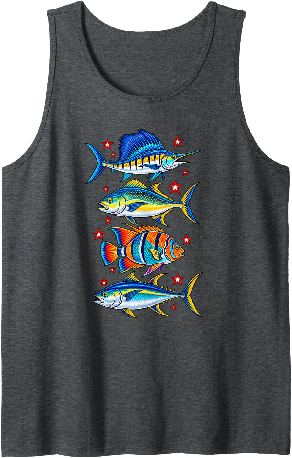 Saltwater Fishing Sailfish Tuna Tropical Fish Stars Sleeveless Tank Top - Dark Heather Grey