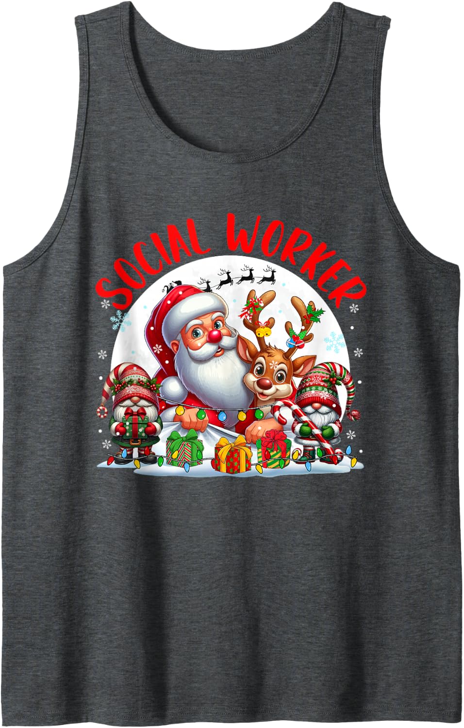 Social Worker Job Christmas Santa Reindeer Gnomes Lover Sleeveless Tank Top - Dark Heather Grey