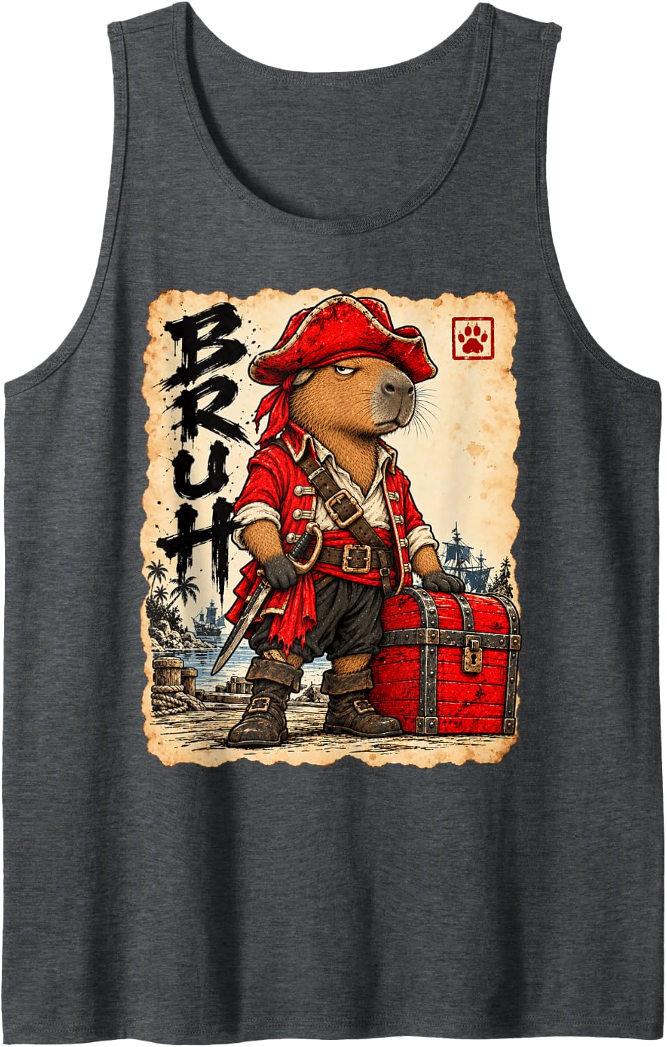 Pirate Bruh Anime Kawaii Otaku Japanese Art Pirate Capybara Sleeveless Tank Top - Dark Heather Grey