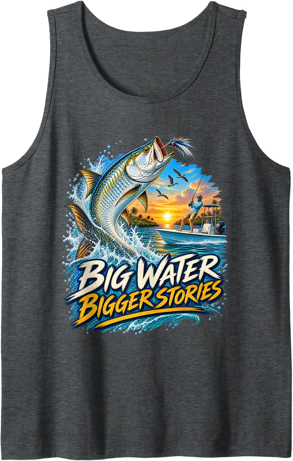 Tarpon Fishing Big Water Bigger Stories Saltwater Angler Sleeveless Tank Top - Dark Heather Grey