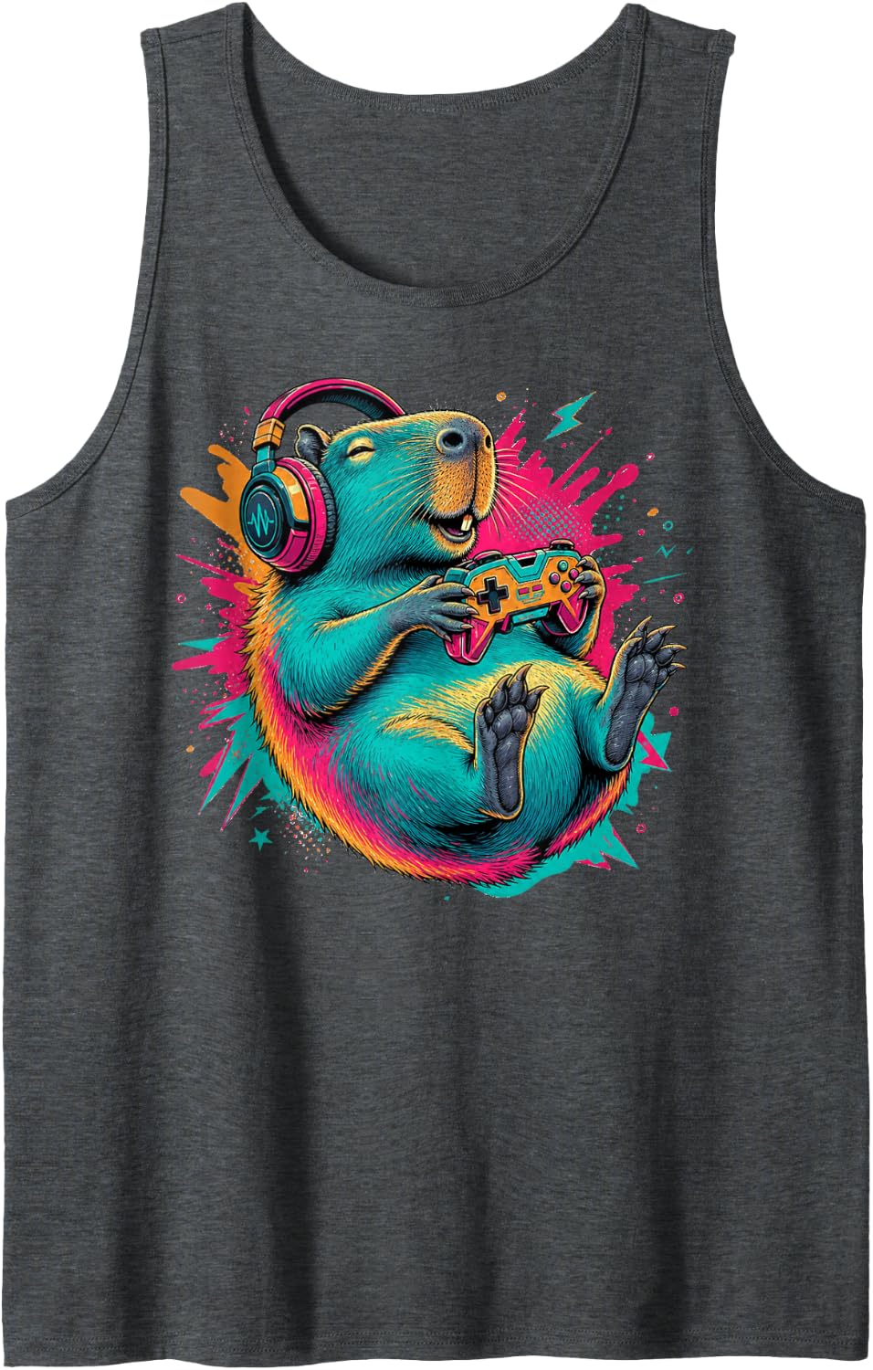 Capybara in Headphones with Game Controller Sleeveless Tank Top - Dark Heather Grey
