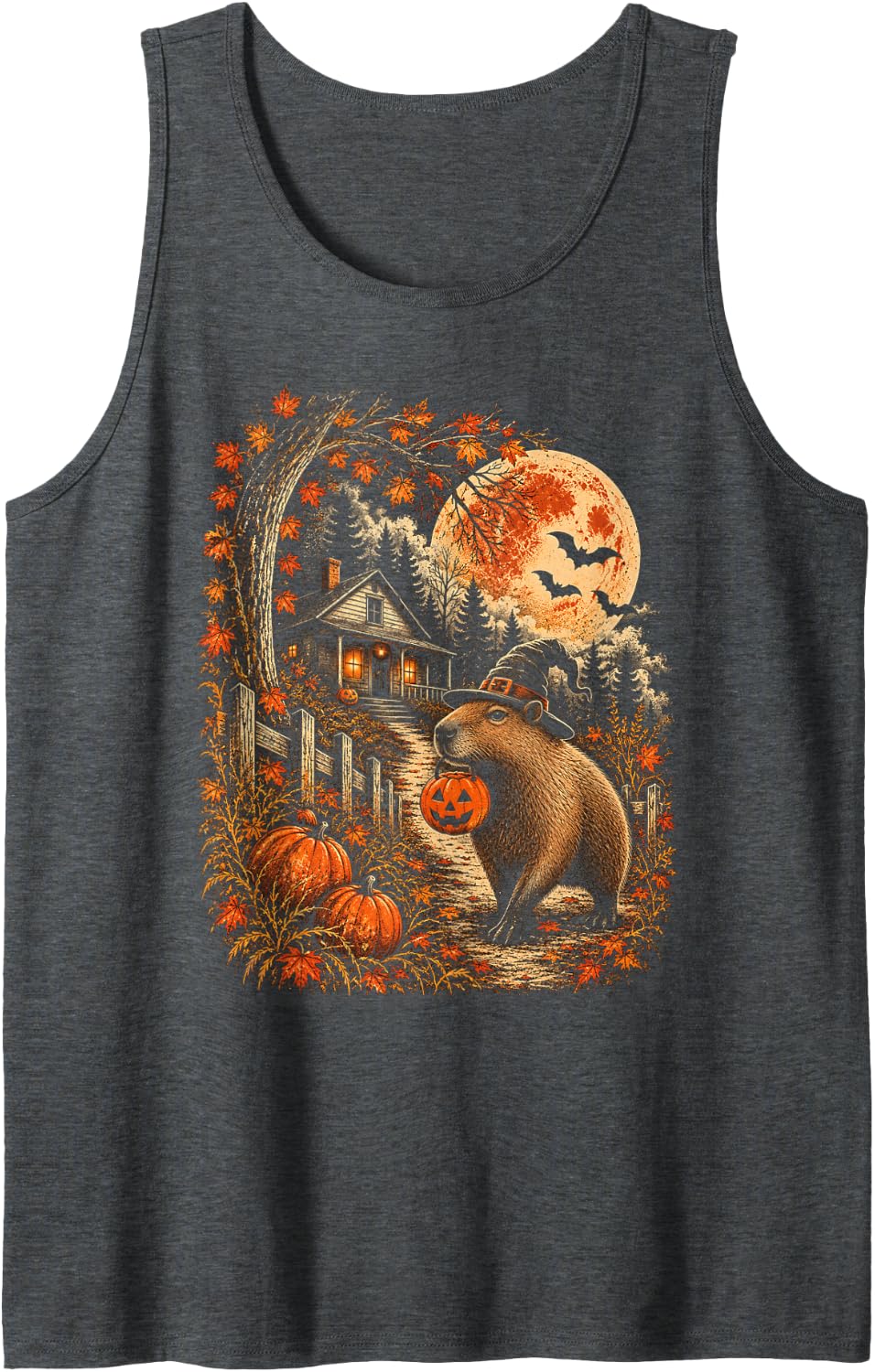 Vintage Capybara Pumpkin Halloween Moon Spooky Halloween Sleeveless Tank Top - Dark Heather Grey