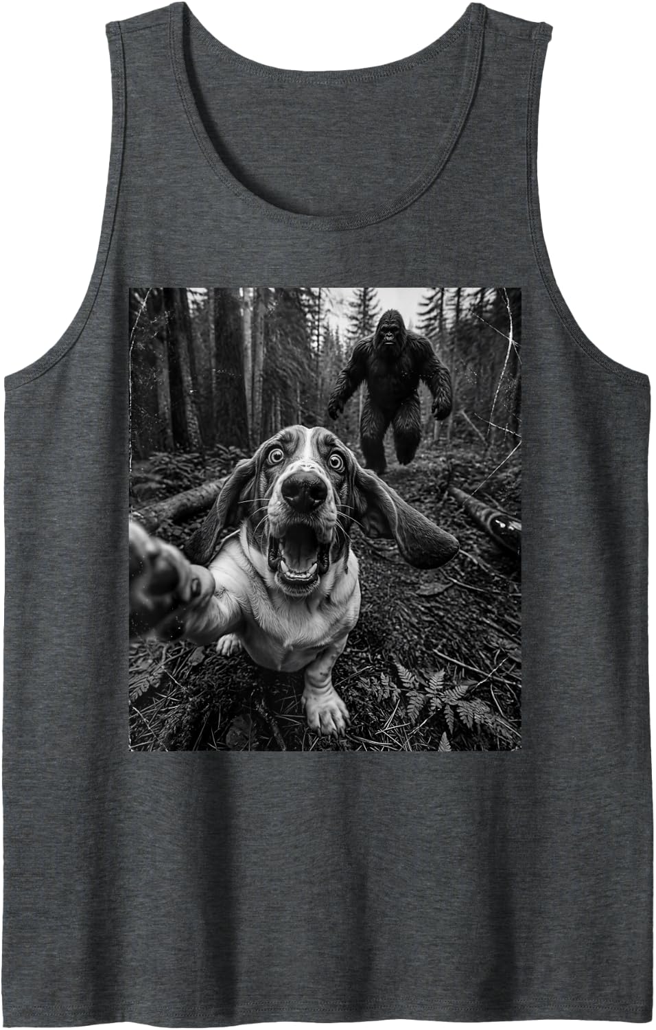 Funny Basset Hound Selfie Bigfoot Sasquatch Forest Dog Meme Sleeveless Tank Top - Dark Heather Grey