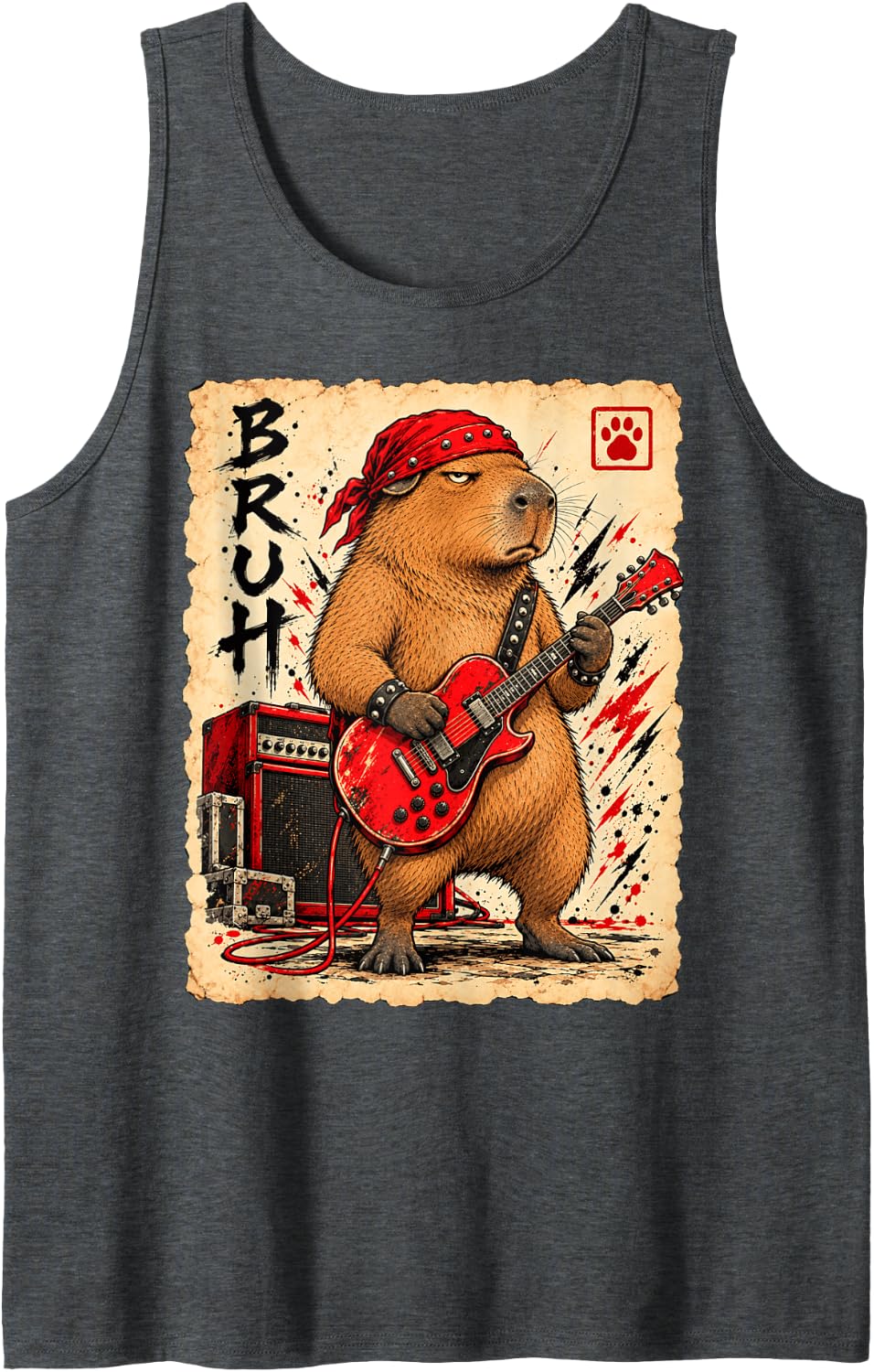 Capybara Bruh Anime Kawaii Otaku Heavy Metal Guitar Capybara Sleeveless Tank Top - Dark Heather Grey