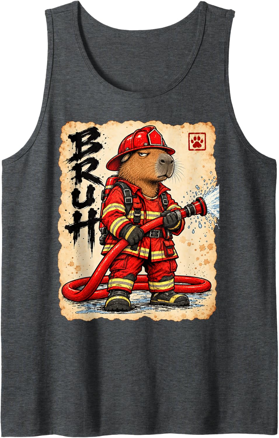 Fire Brigade Bruh Anime Kawaii Otaku Japanese Retro Capybara Sleeveless Tank Top - Dark Heather Grey