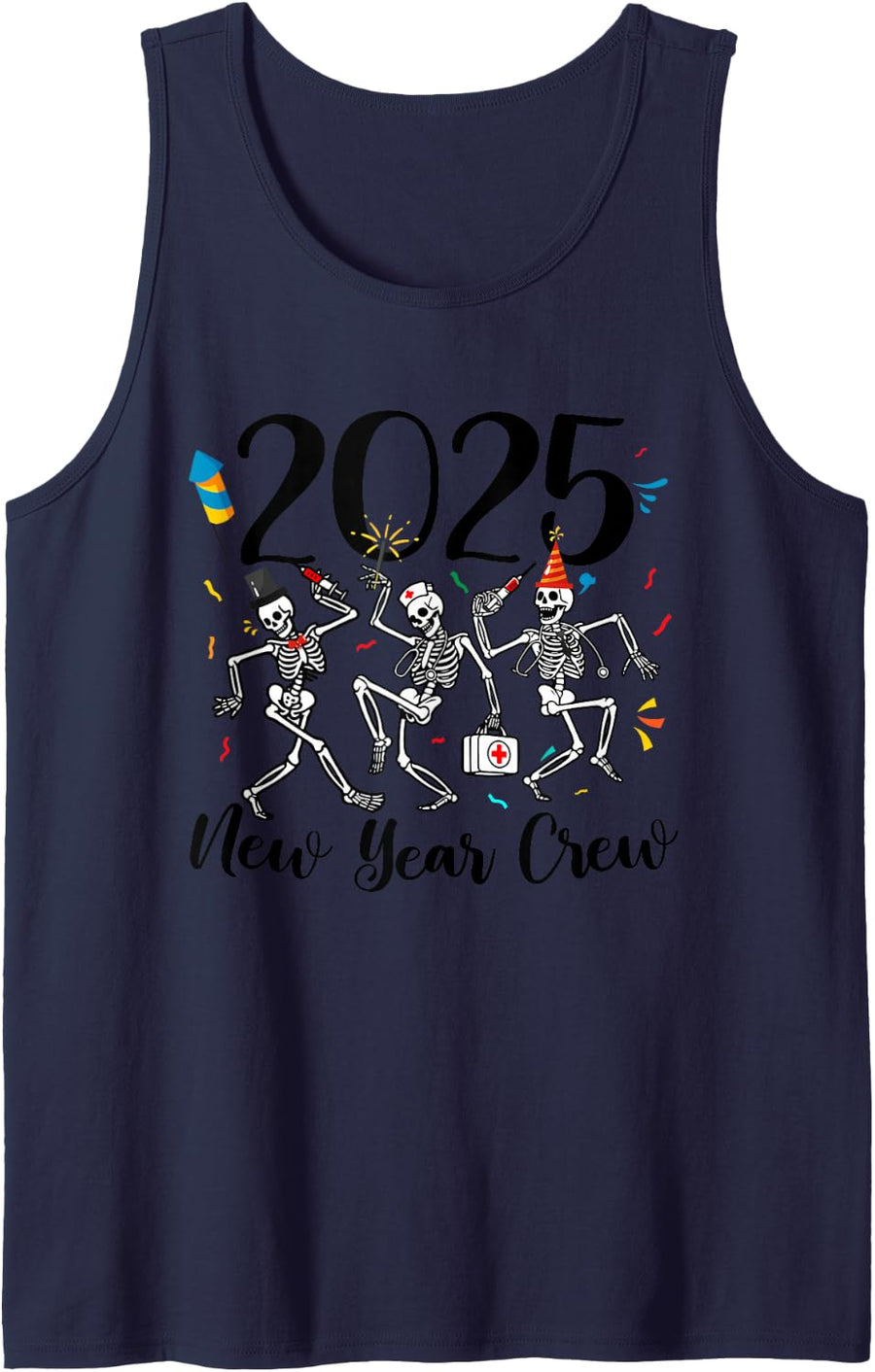 2025 New Year Crew Skeleton Dancing Nurse Life Confetti Sleeveless Tank Top - Navy Blue