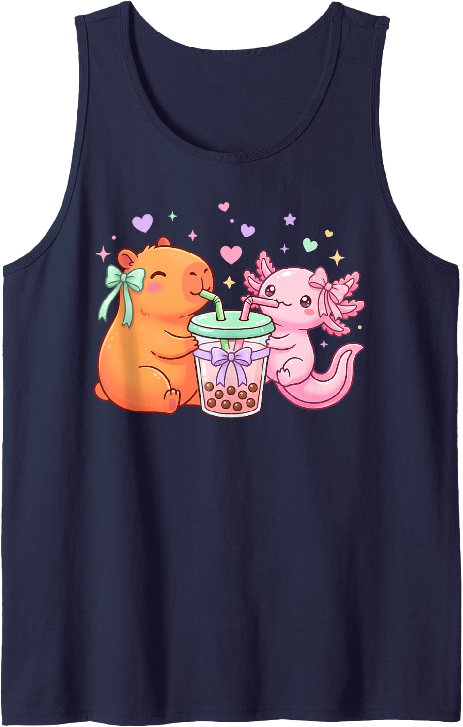 Capybara Axolotl Design Bubble Tea Boba Girls Kawaii Anime Sleeveless Tank Top - Navy Blue