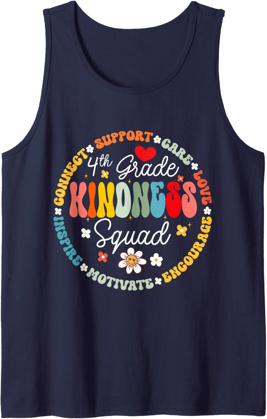 Fourth Grade Teacher - 4th Grade Kindness Squad Groovy Sleeveless Tank Top - Navy Blue