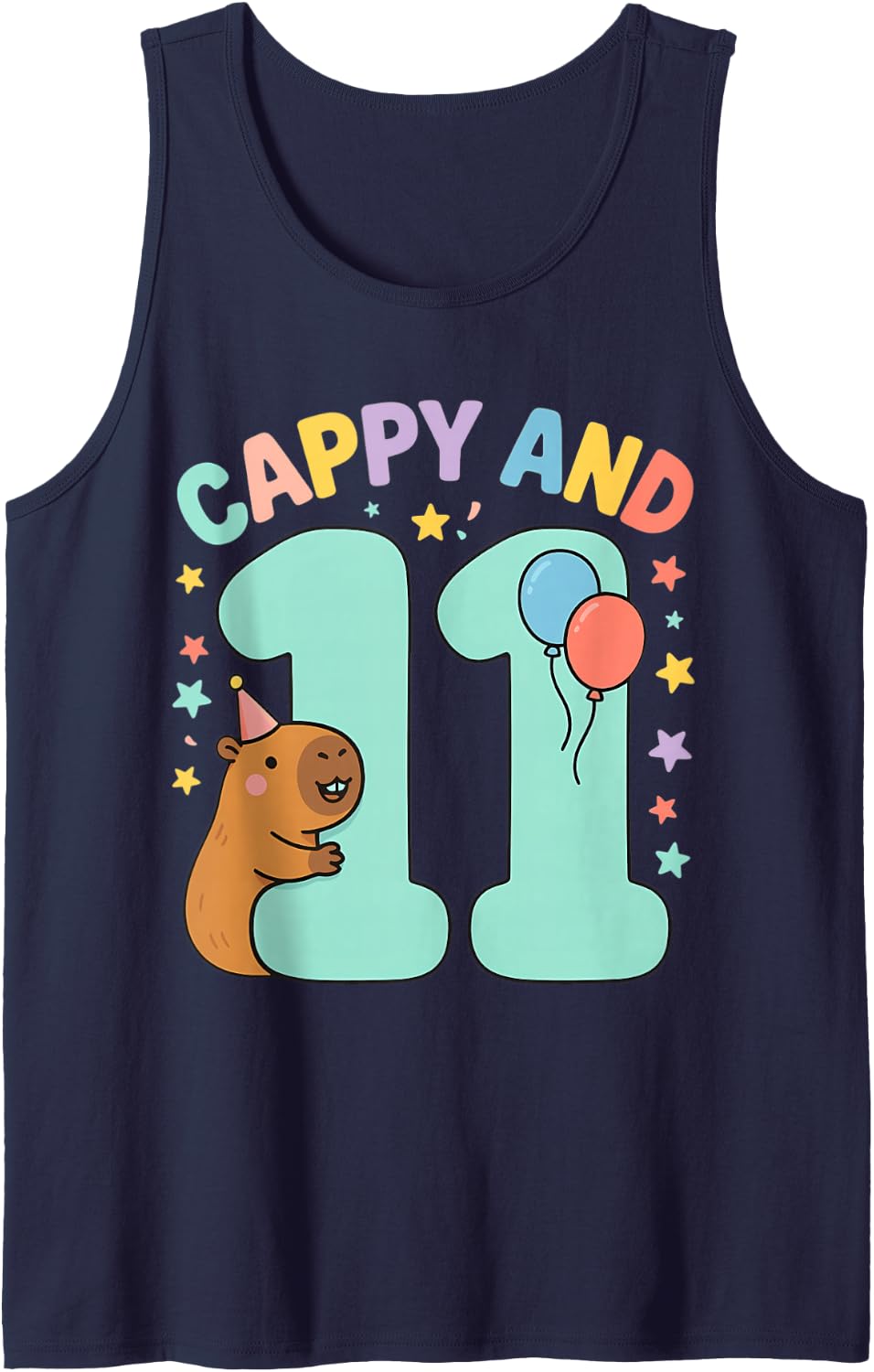 Cappy and 11 Cute Capybara 11th Birthday Balloons Funny Sleeveless Tank Top - Navy Blue