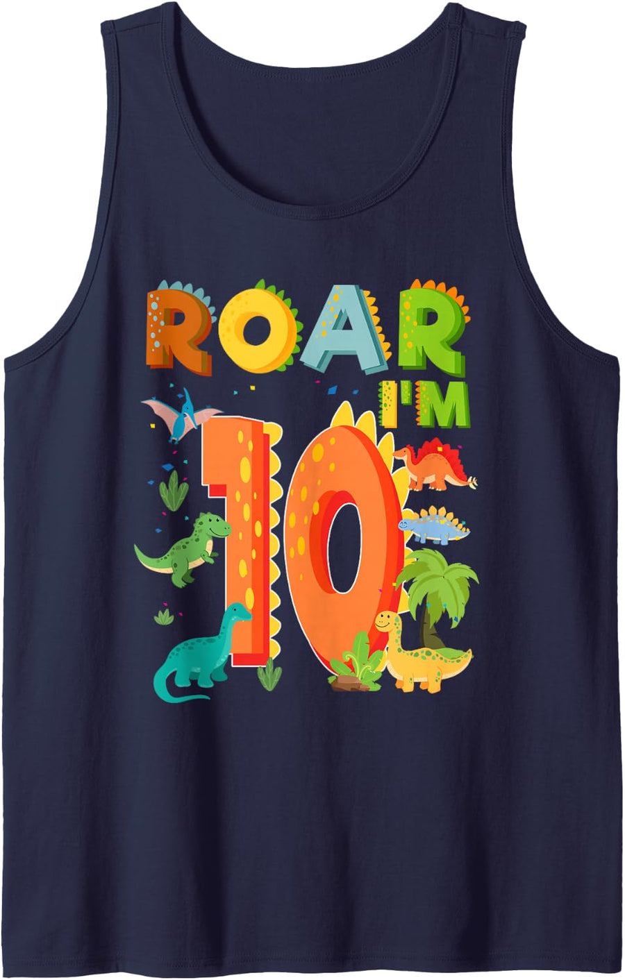 10 Year Old Birthday Boy Party 10th Birthday Dinosaur Theme Sleeveless Tank Top - Navy Blue