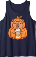 Capybara in Halloween Costume Drinking Pumpkin Spice Latte Sleeveless Tank Top - Navy Blue