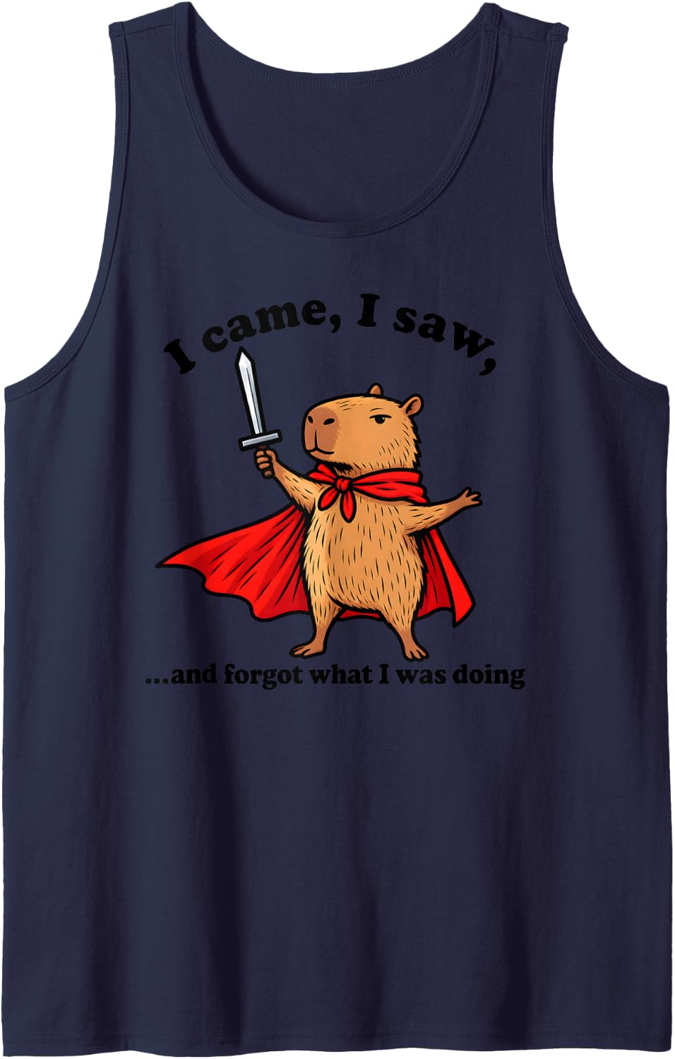 Funny Capybara Holding Sword Red Cape Graphic Sleeveless Tank Top - Navy Blue