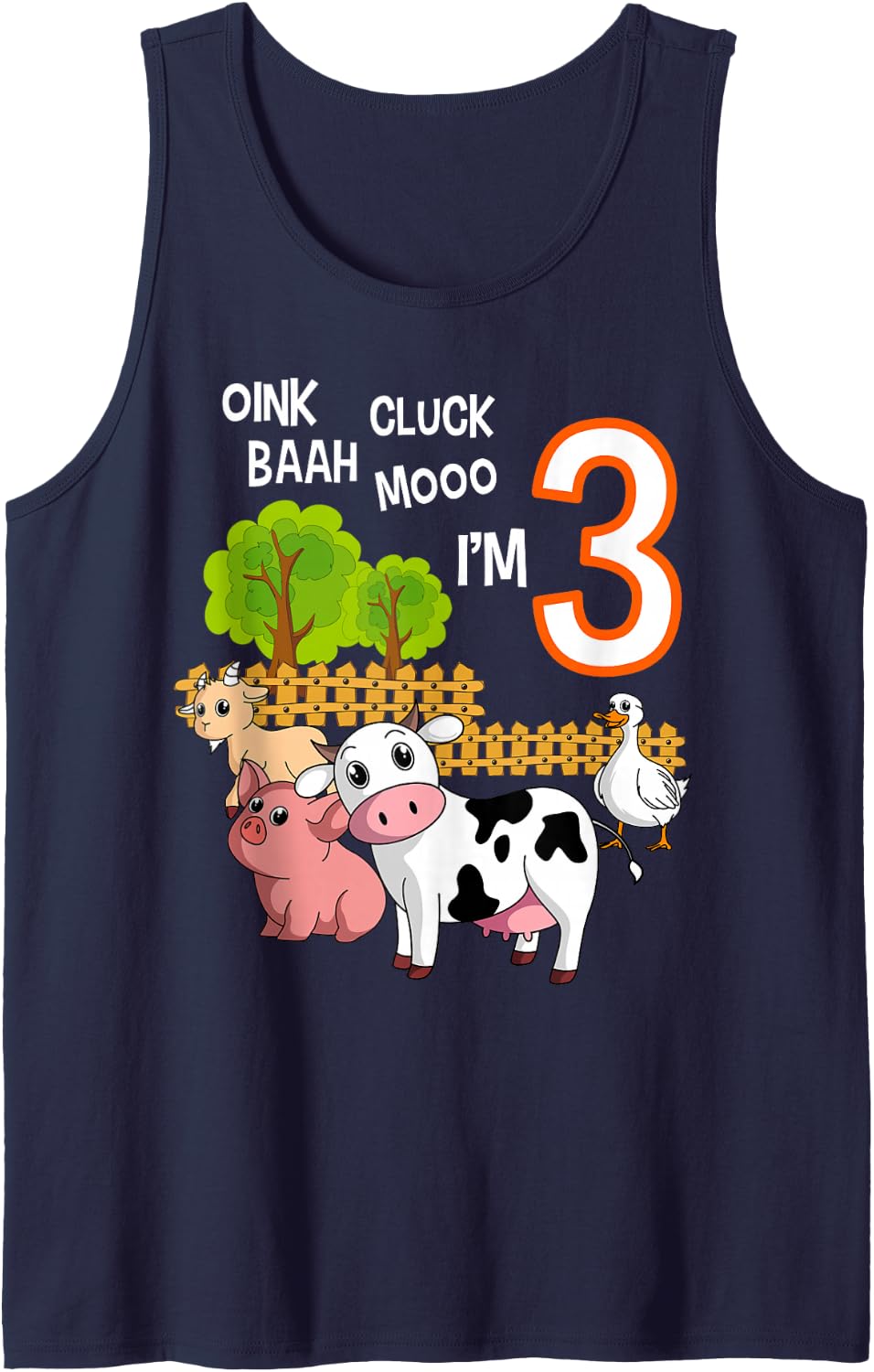 Oink Cluck Baah Mooo I'm 3 Farm Animal 3rd Birthday Party Sleeveless Tank Top - Navy Blue