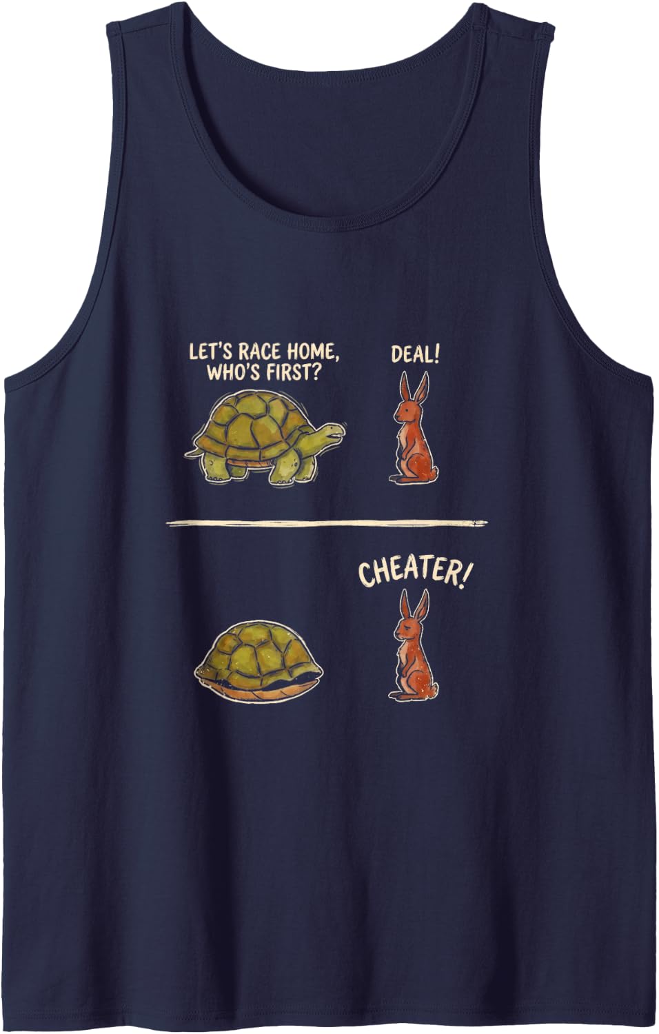 Tortoise and Hare Funny Turtle Rabbit Race Cheater Cartoon Sleeveless Tank Top - Navy Blue