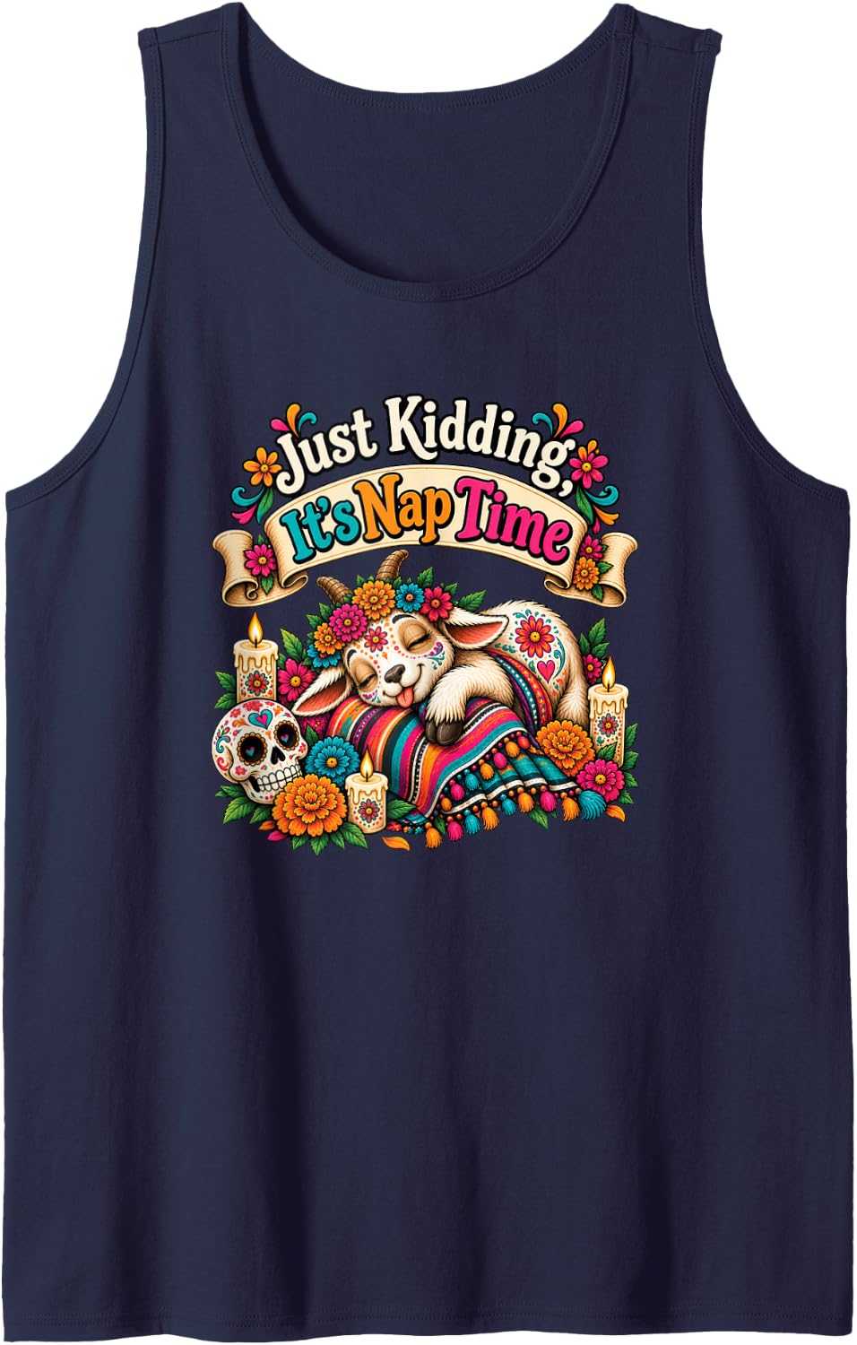 Mexican Folk Art Goat Napping Marigold Flowers Fiesta Humor Tank Top - Navy Blue