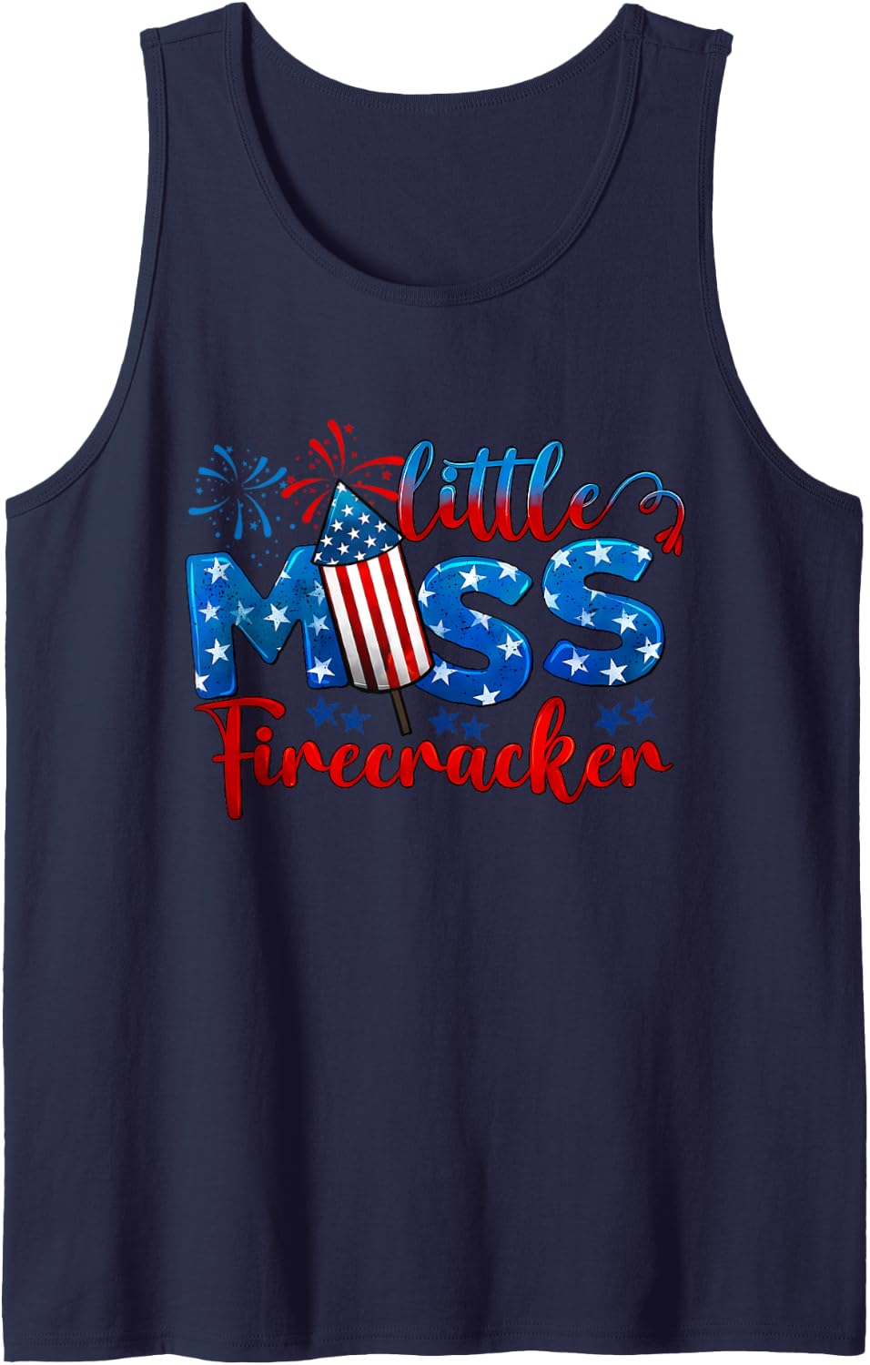 Little Miss Firecracker 4th of July American Flag Girls Kids Sleeveless Tank Top - Navy Blue