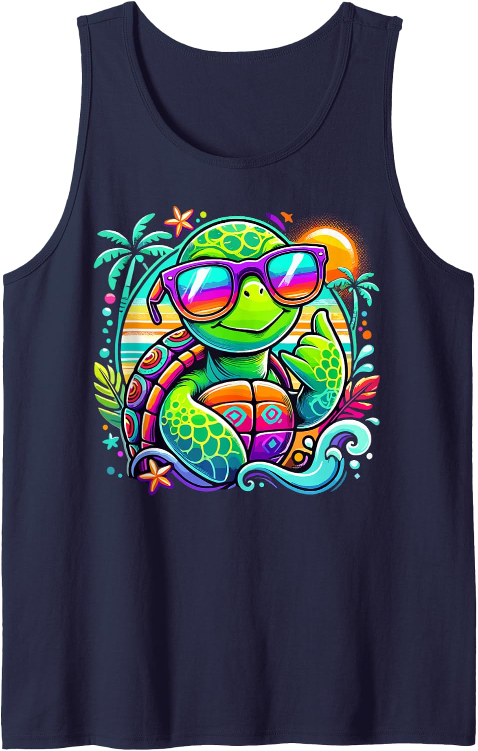 Turtle with Sunglasses Tropical Surf Beach Tank Top - Navy Blue