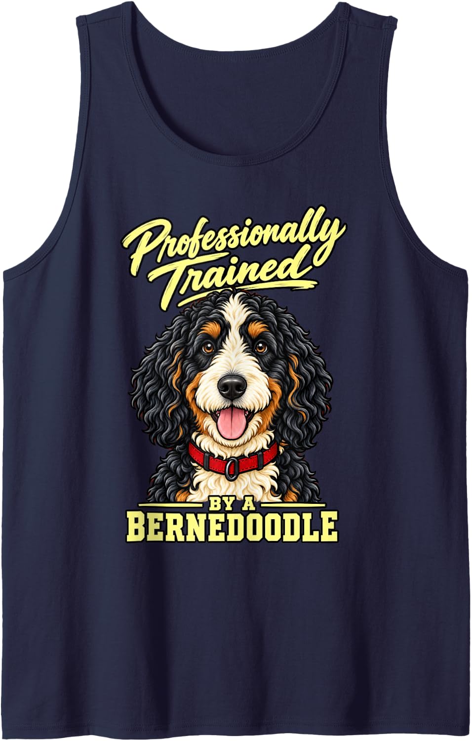 Professionally Trained By A Bernedoodle Doodle Dog Dad Funny Sleeveless Tank Top - Navy Blue