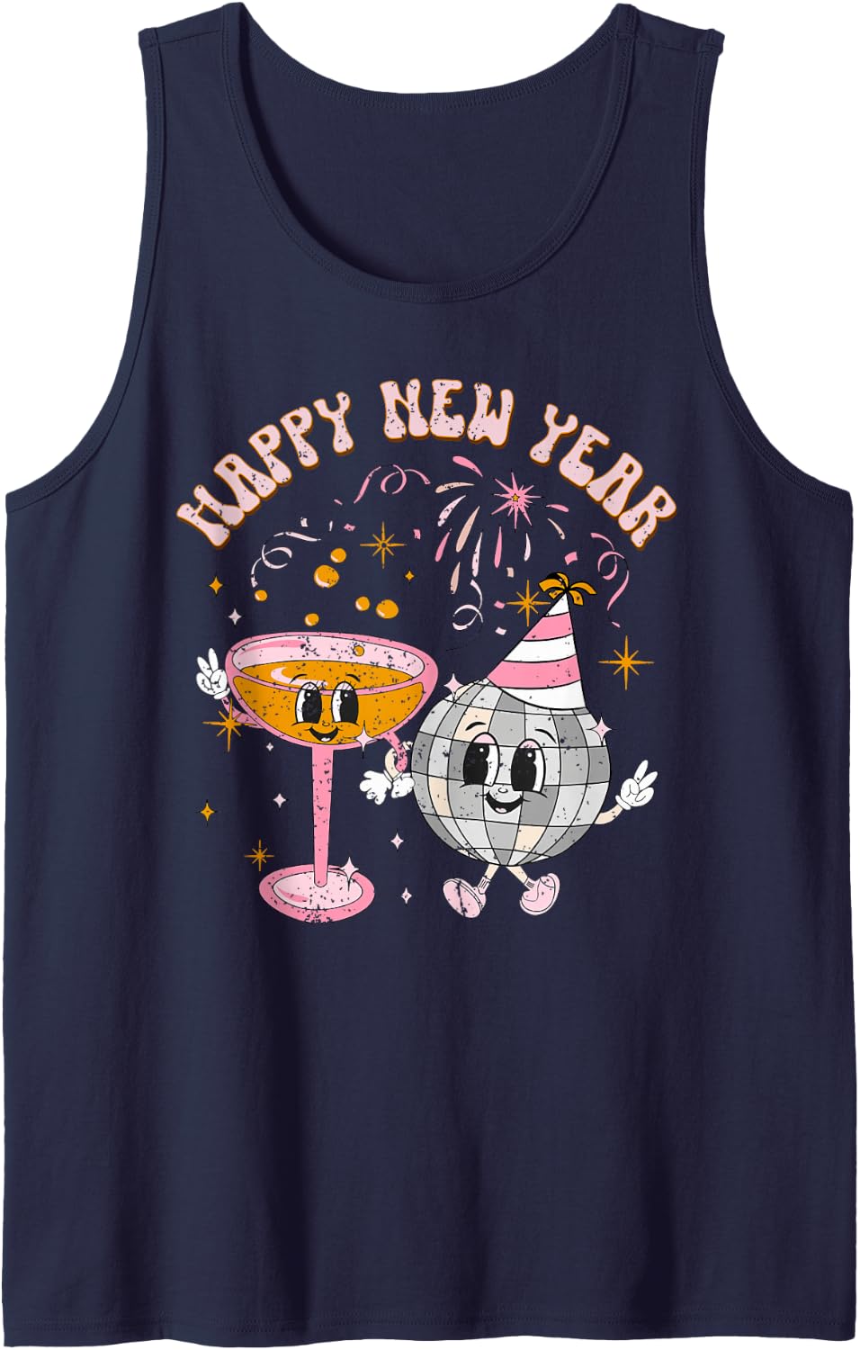 Happy New Year 2025 Disco Ball Wine Glass Cheers Drink Party Sleeveless Tank Top - Navy Blue