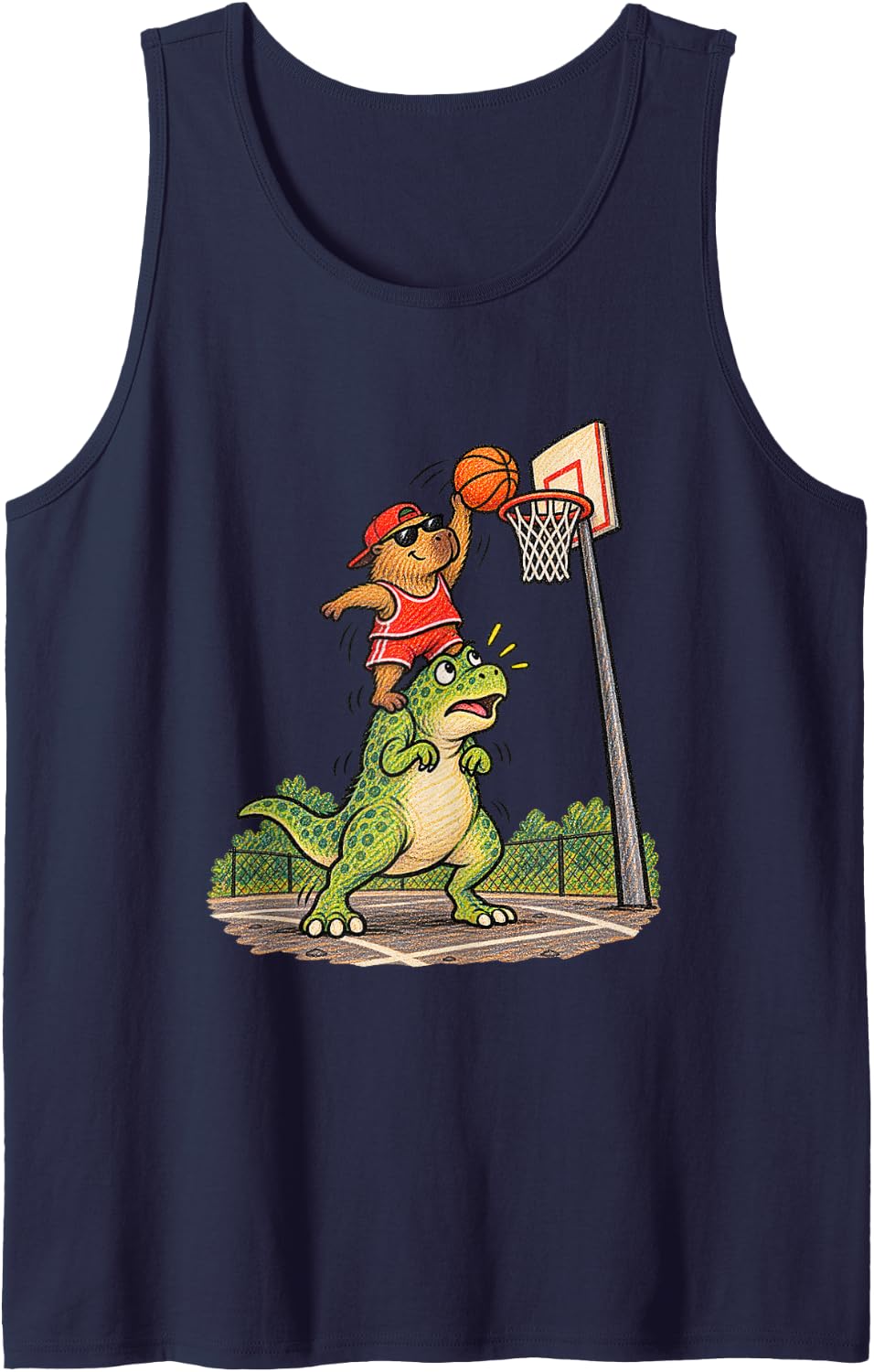 Capybara Playing Basketball with Dinosaur Funny Animal Meme Sleeveless Tank Top - Navy Blue