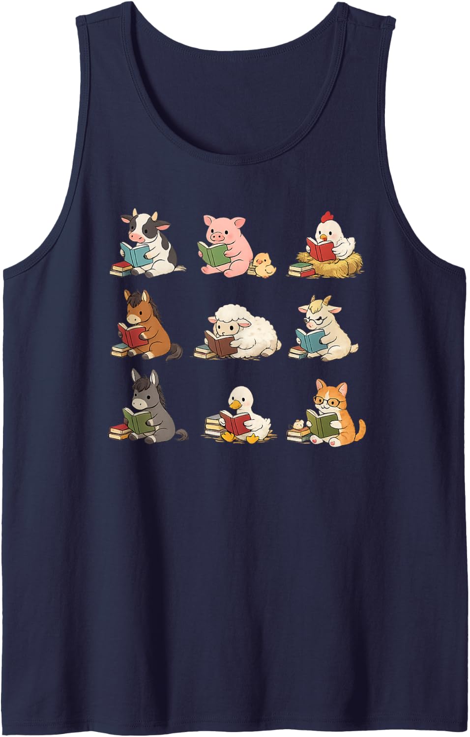 Cute Farm Animals Reading Books Book Lover Sleeveless Tank Top - Navy Blue
