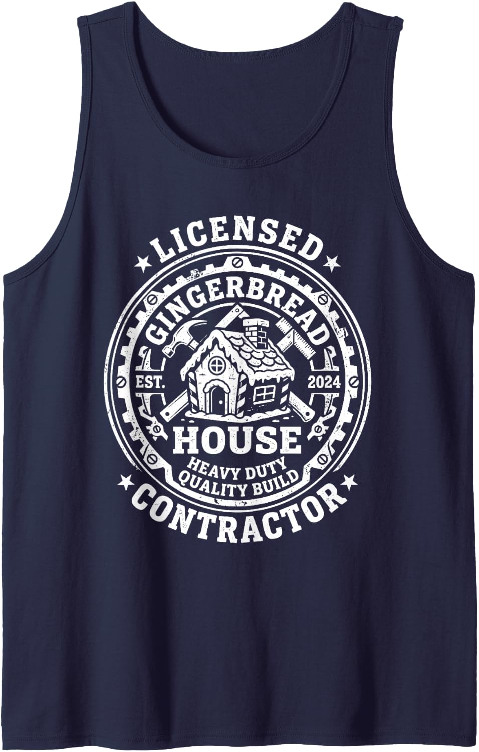 Gingerbread House Contractor Gear Emblem Sleeveless Tank Top - Navy Blue