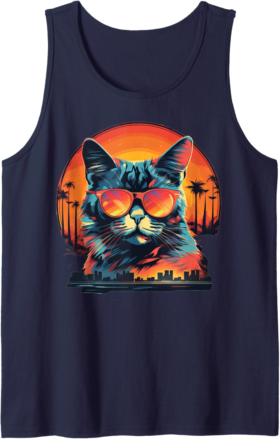 Gray Cat in Shades | Men's T-Shirt (S-6XL) | Graphic Tee Sleeveless Tank Top - Navy Blue