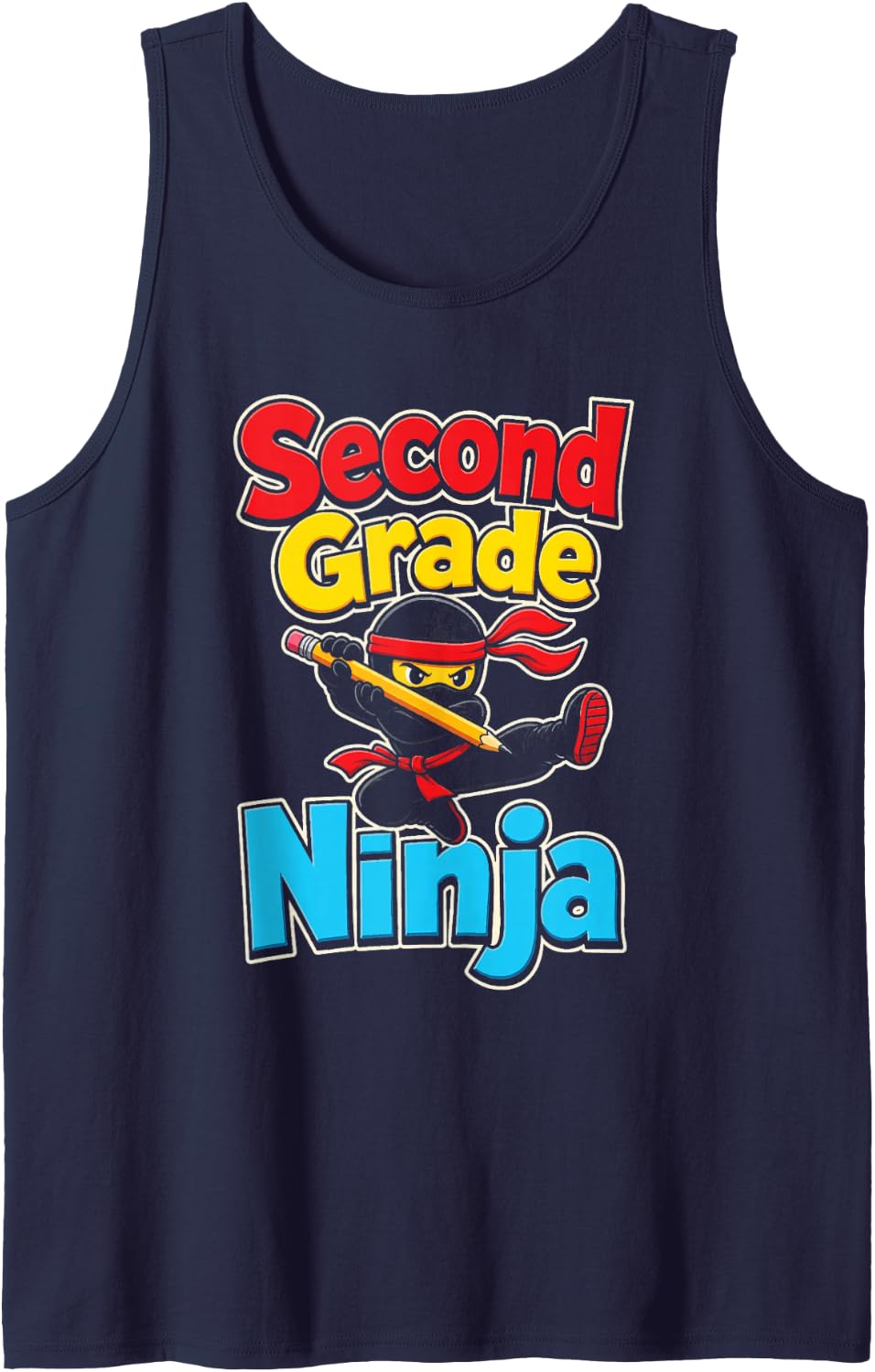 2nd Grade Ninja Cartoon Kids First Day of School Pencil Sleeveless Tank Top - Navy Blue