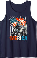 Bigfoot Merica Rock USA Flag Patriotic Sasquatch 4th of July Sleeveless Tank Top - Navy Blue