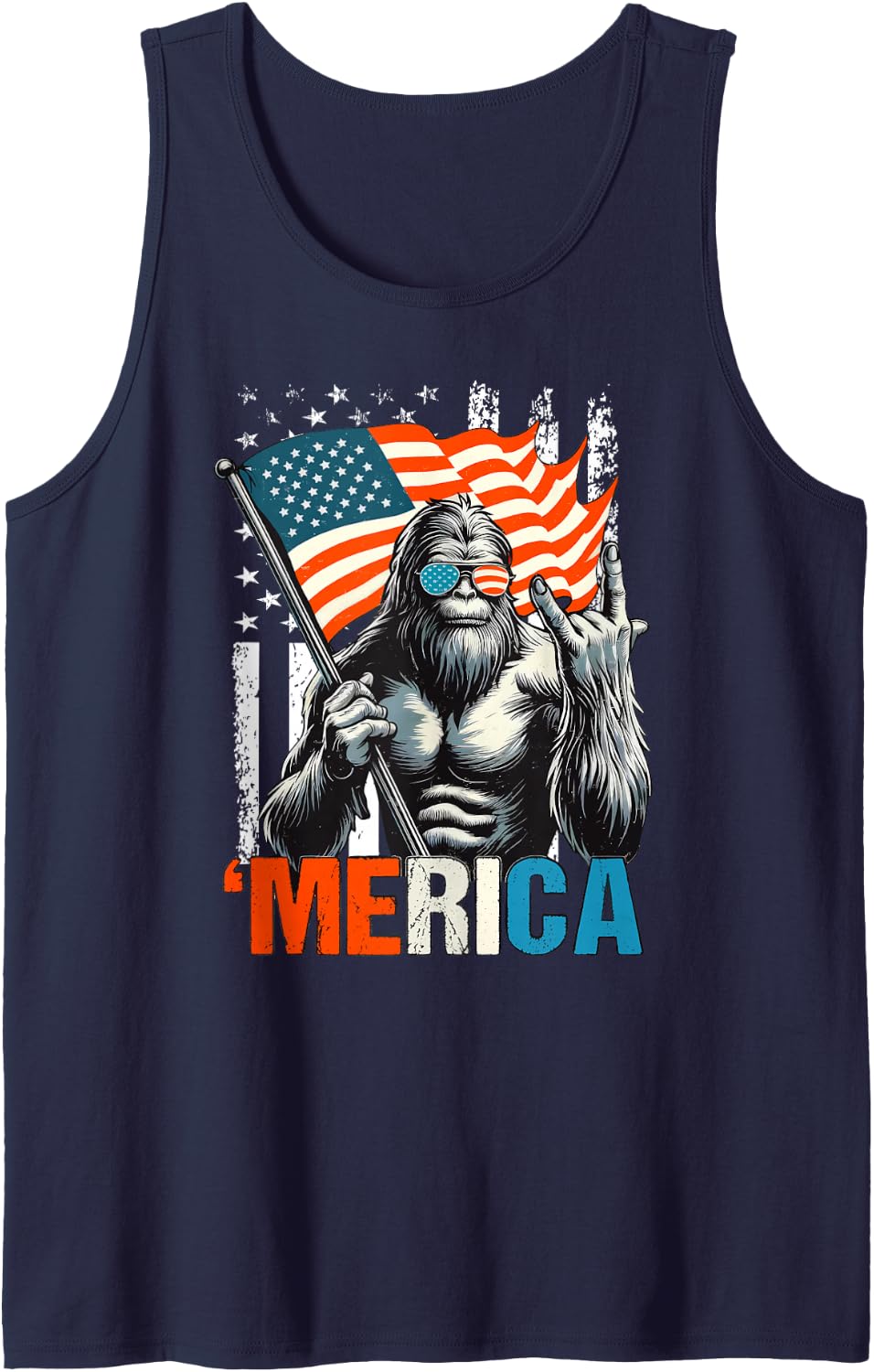 Bigfoot Merica Rock USA Flag Patriotic Sasquatch 4th of July Sleeveless Tank Top - Navy Blue