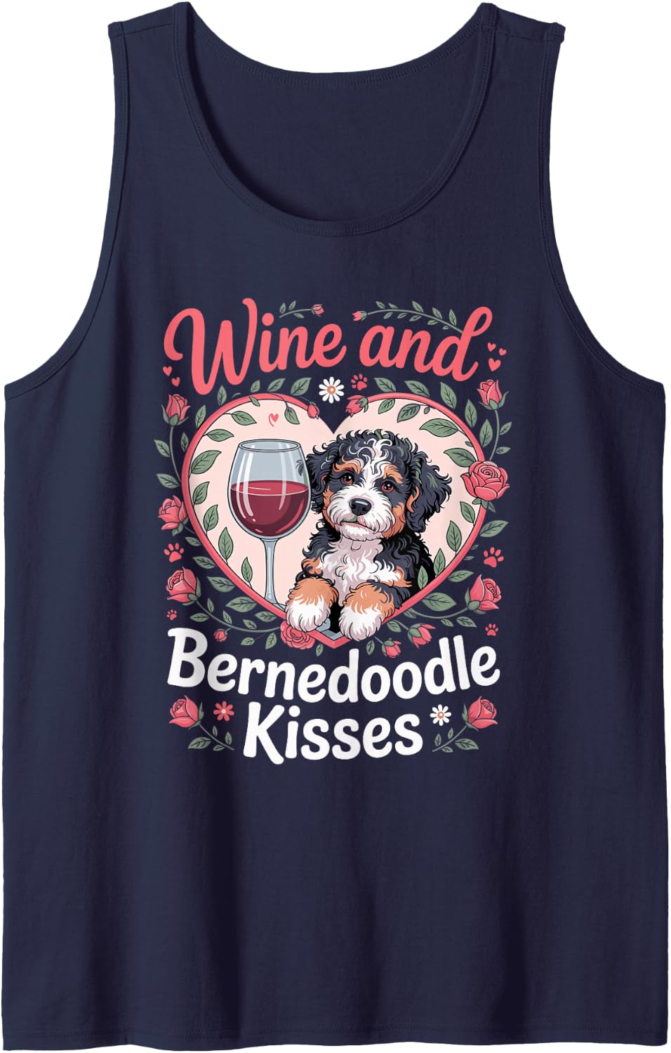 Wine and Bernedoodle Kisses Doodle Dog Owner Wine Lover Sleeveless Tank Top - Navy Blue