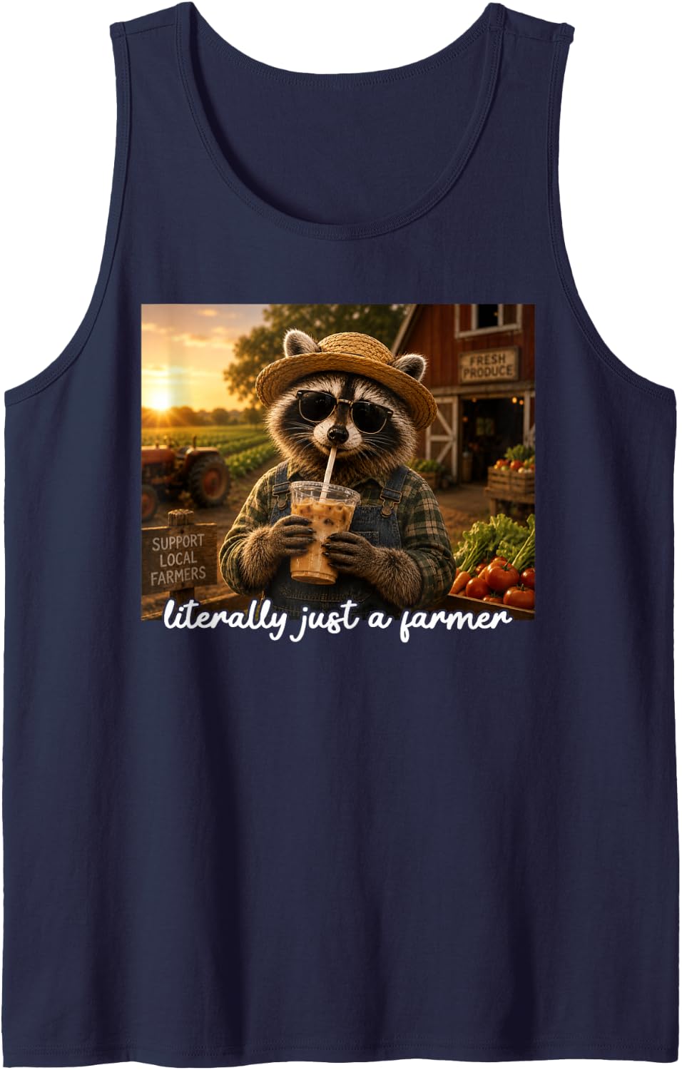 Literally Just A Farmer Funny Raccoon Iced Coffee Meme Tank Top - Navy Blue