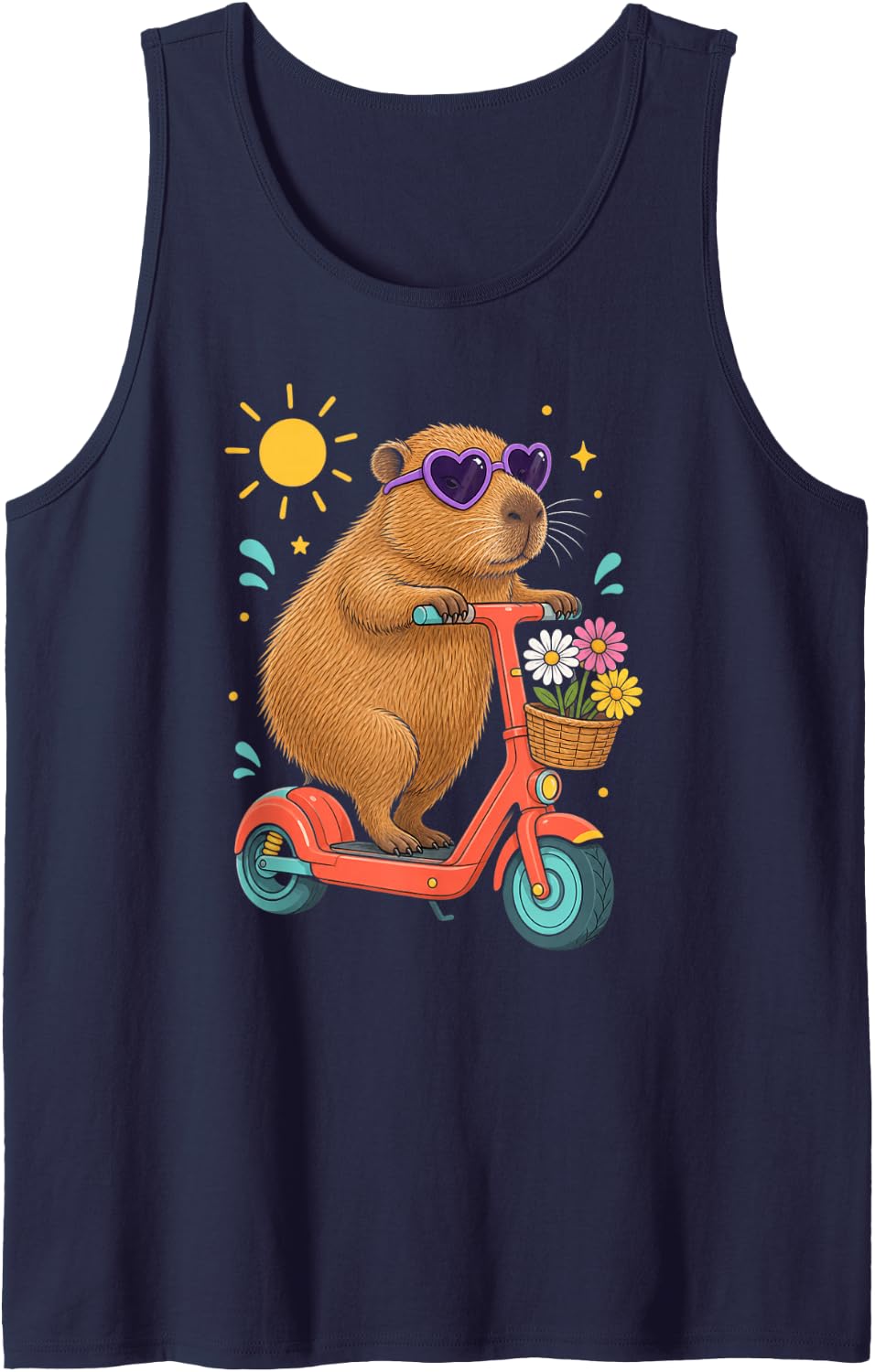Capybara Riding On Coral Scooter with Heart Sunglasses Sleeveless Tank Top - Navy Blue