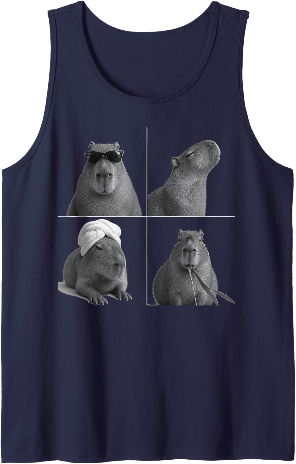 Capybara Photographic Collage in Black and White Sleeveless Tank Top - Navy Blue