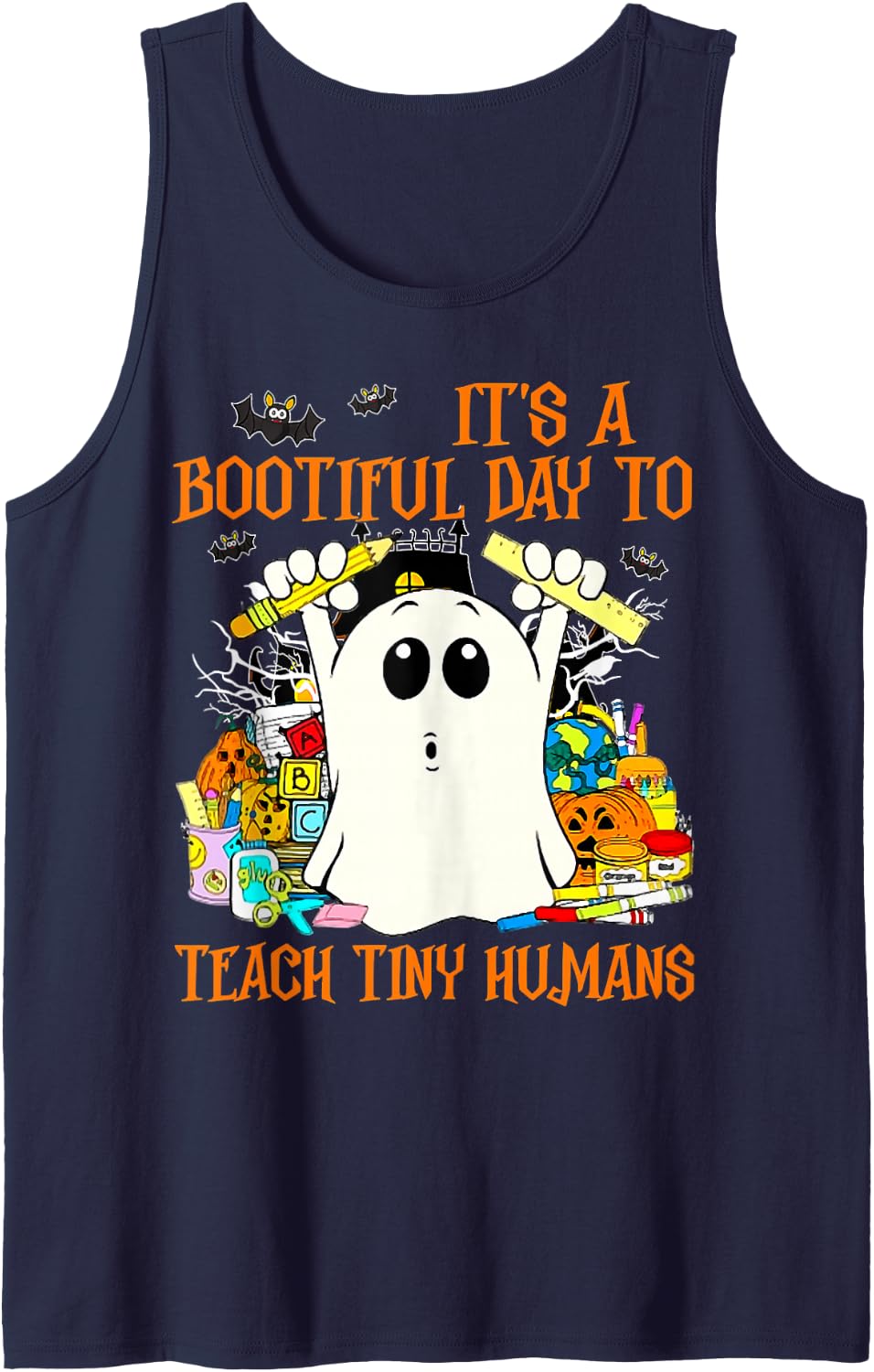 Bootiful Day to Teach Tiny Humans Halloween Teacher Sleeveless Tank Top - Navy Blue