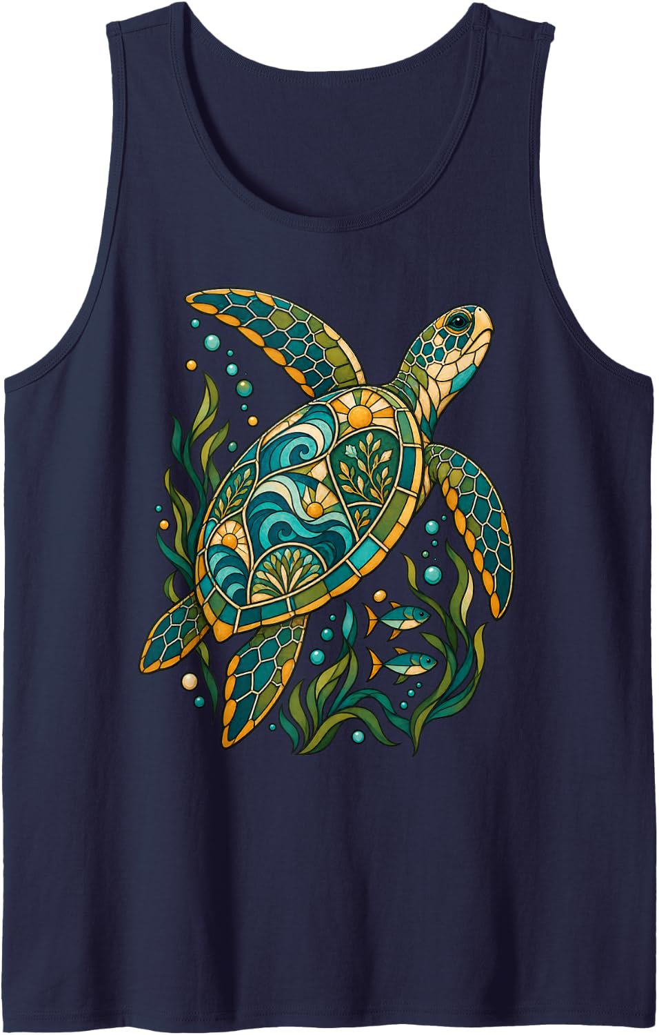 Turtle Sea Ocean and Waves Stained Glass Marine Art Sleeveless Tank Top - Navy Blue