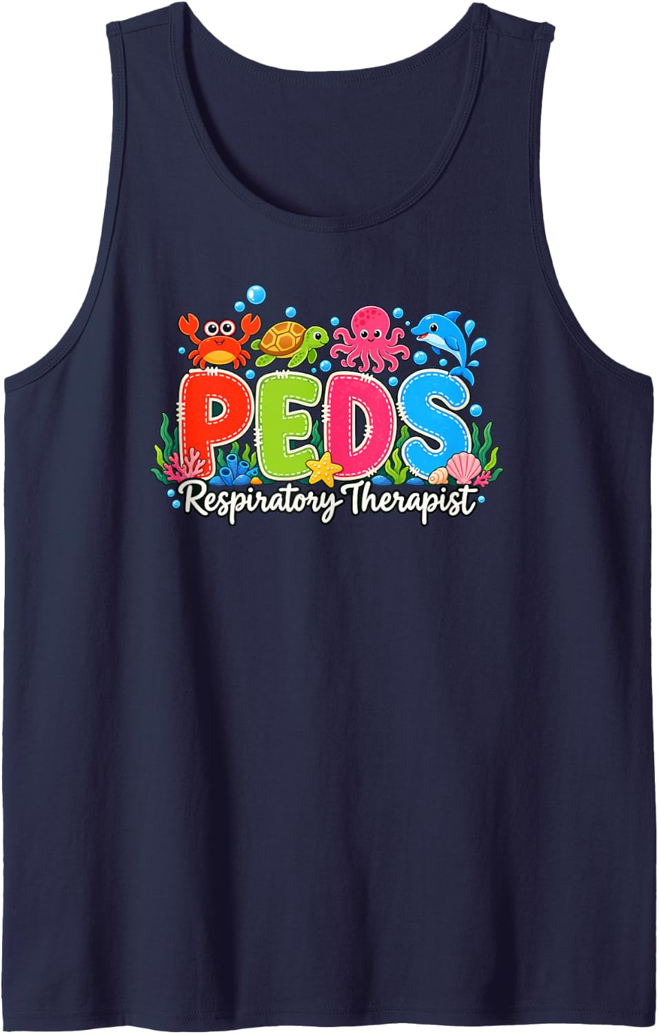 Cute PEDS Respiratory Therapist Ocean Animals Healthcare Sleeveless Tank Top - Navy Blue