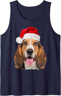 Basset Hound Santa Hat Christmas Portrait Fur Mom and Dad Sleeveless Tank Top - Navy Blue